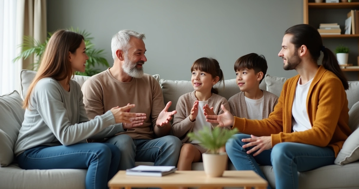 Família sentada no sofá conversando com calma na sala de estar 