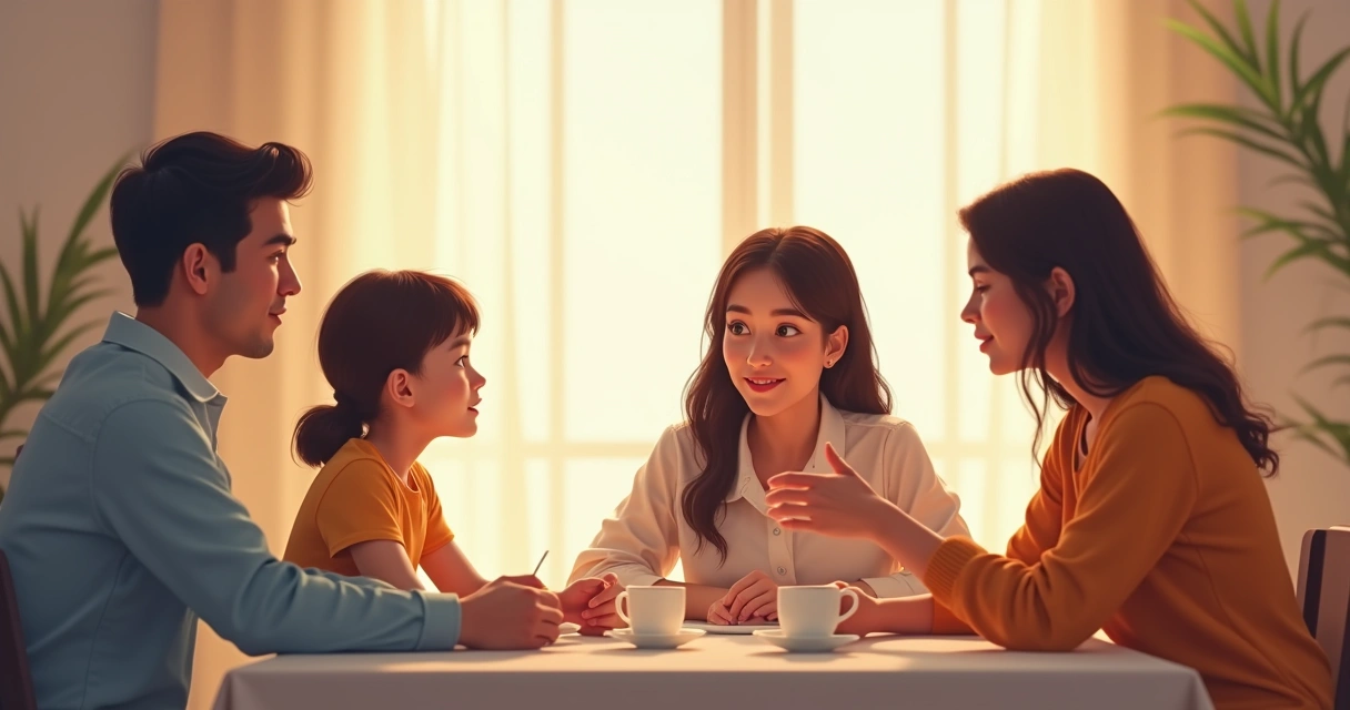 Família sentada à mesa conversando de maneira tranquila 