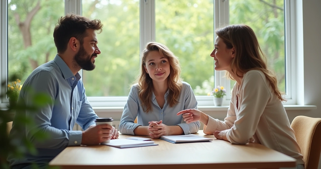Família com três pessoas sentadas à mesa discutindo de forma colaborativa 