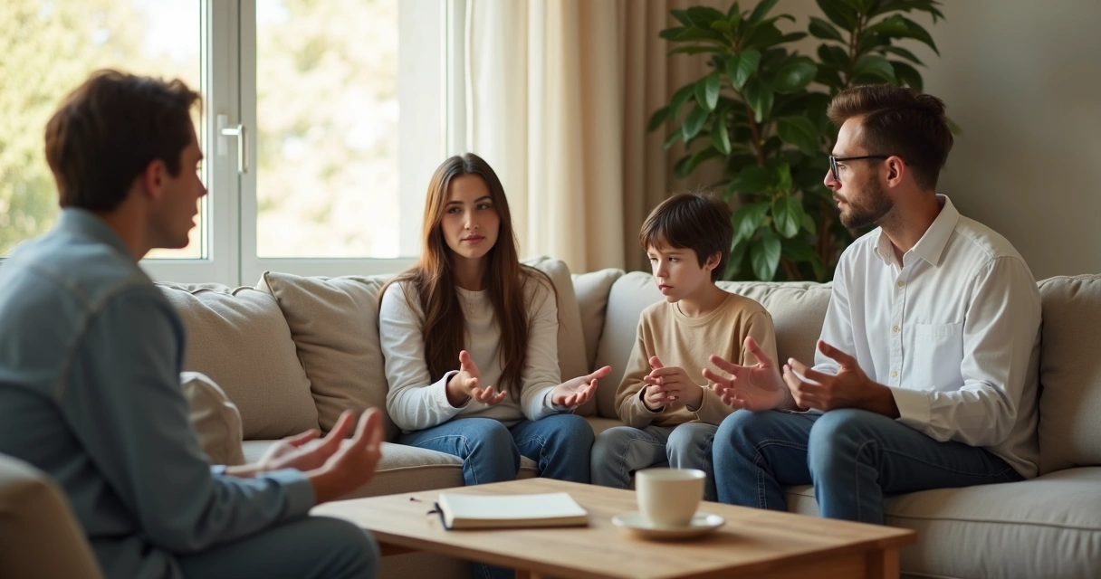 Família sentada no sofá conversando com calma na sala de estar 