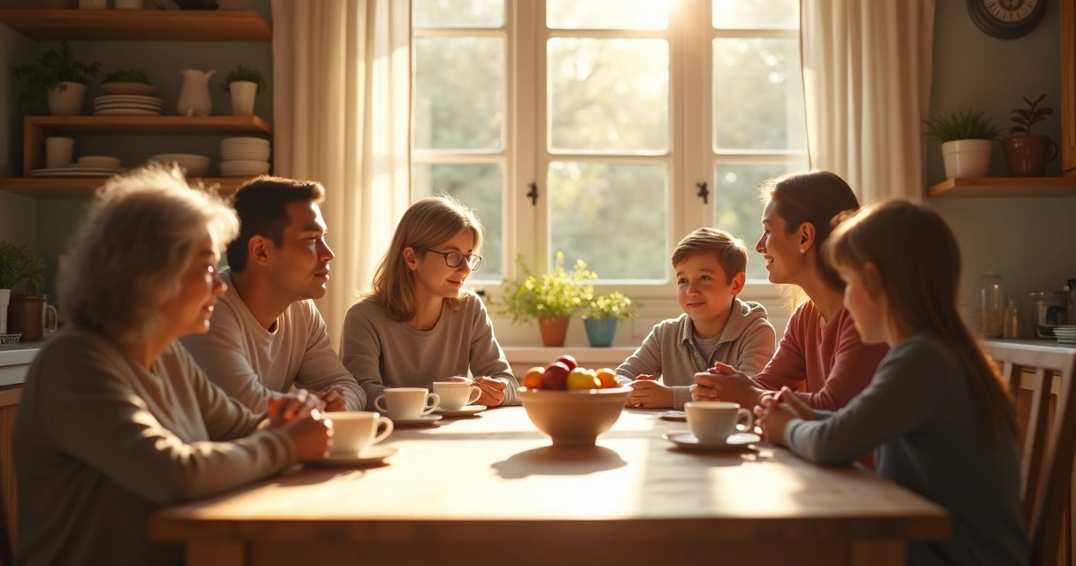 Família sentada à mesa conversando de forma tranquila 