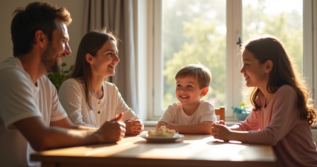 Uma família sentada à mesa dialogando de modo respeitoso
