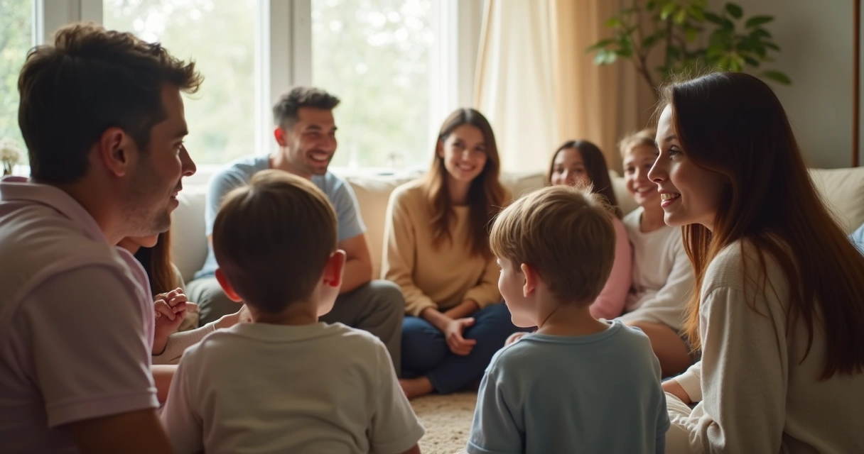 Família reunida conversando em sala de estar