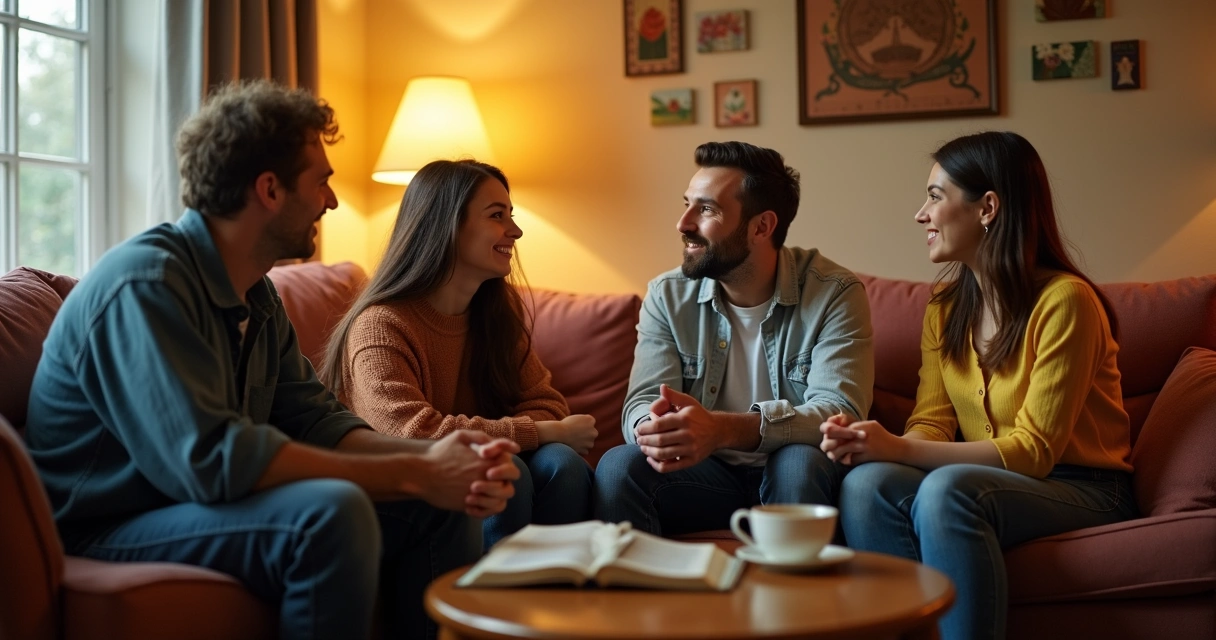 Família sentada em círculo conversando em sala colorida e aconchegante 