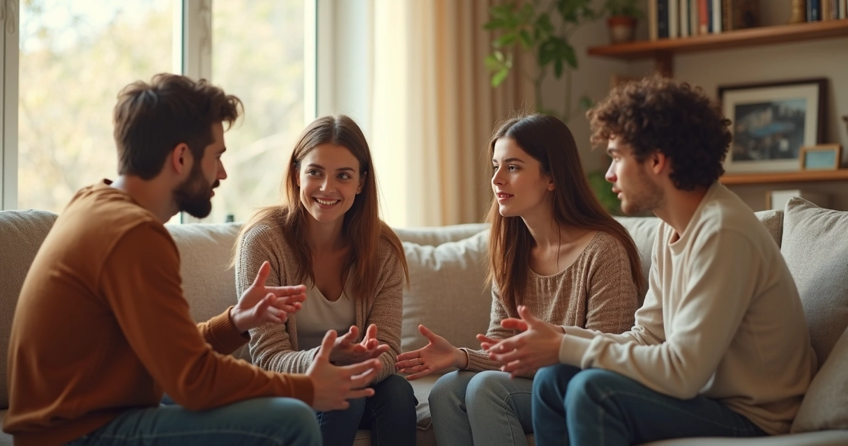 Família conversando na sala de estar 