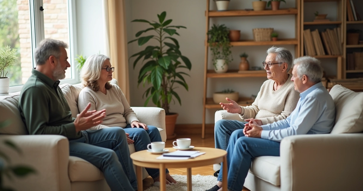 Familia sentada en la sala conversando con calma 