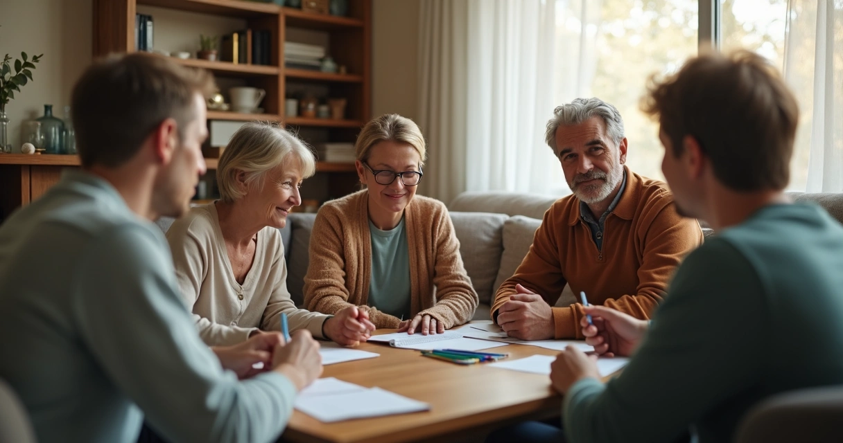 Pais e filhos conversando sentados na sala de estar 