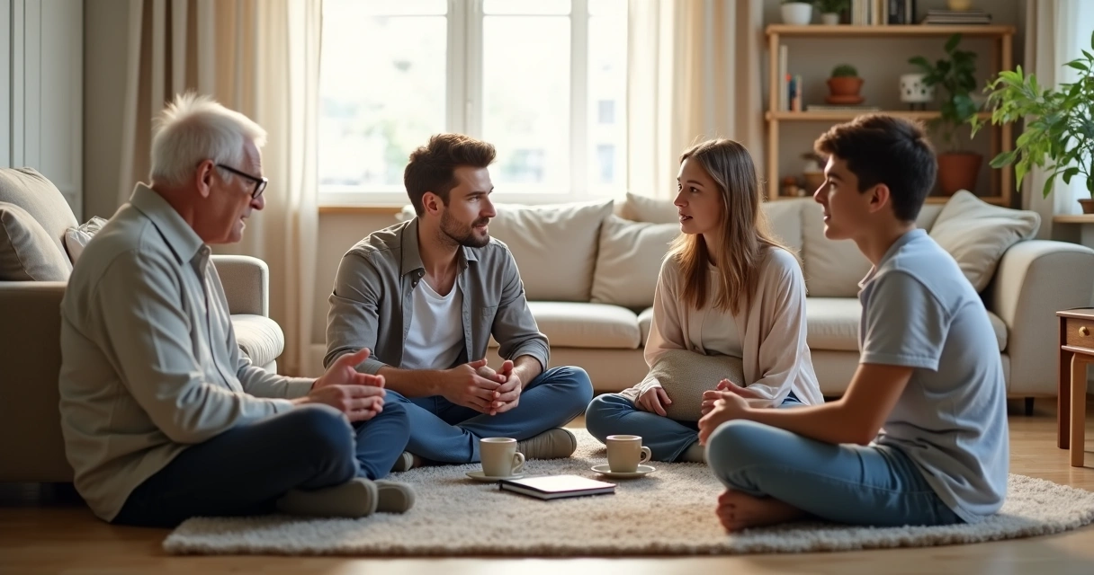 Família em círculo conversando calmamente na sala de estar 