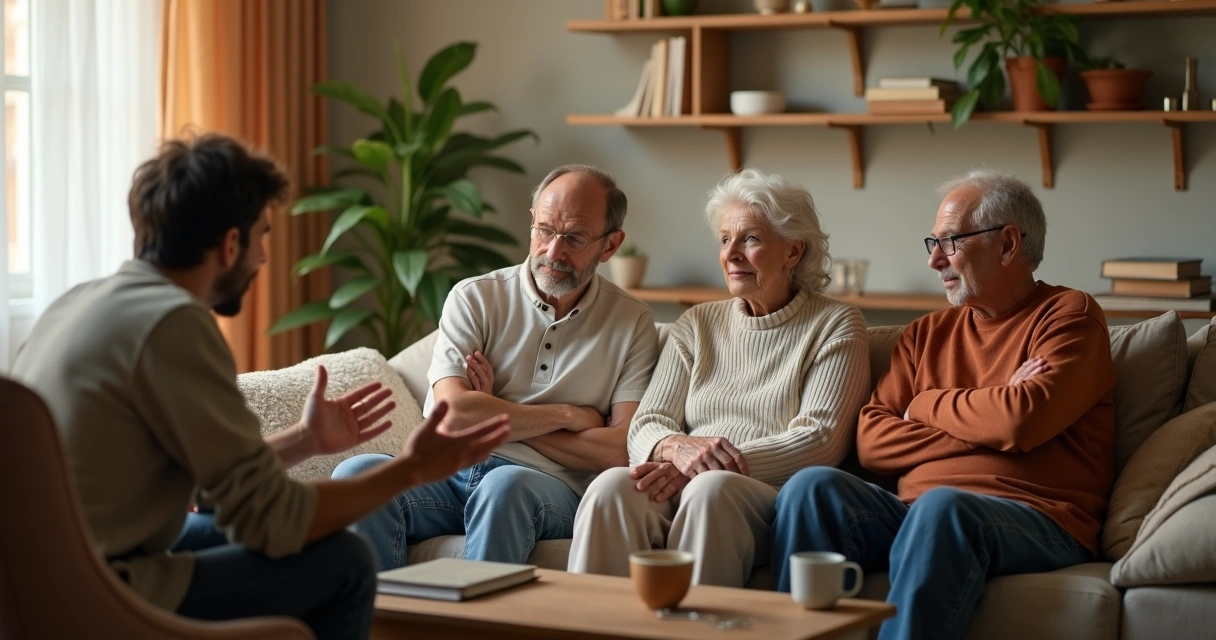 Familia sentada em sala de estar tendo conversa calma 
