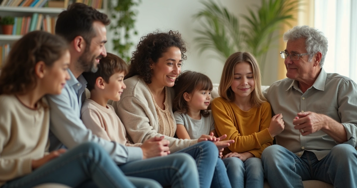 Família sentada em sala de estar, conversando em harmonia