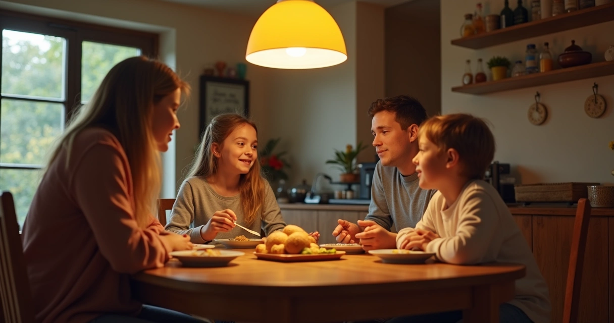 Família sentada ao redor de uma mesa de jantar conversando juntos 