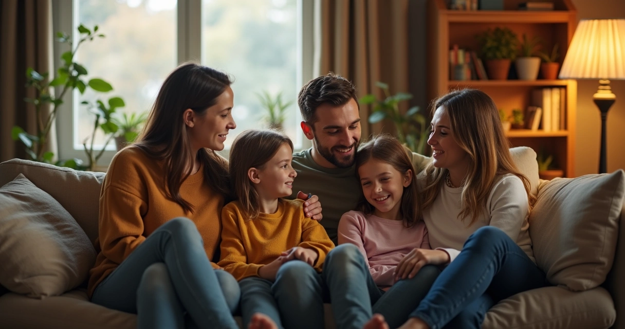Familia sentada dialogando en la sala de estar 