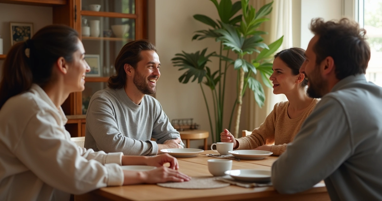 Família reunida conversando de modo calmo em uma mesa 