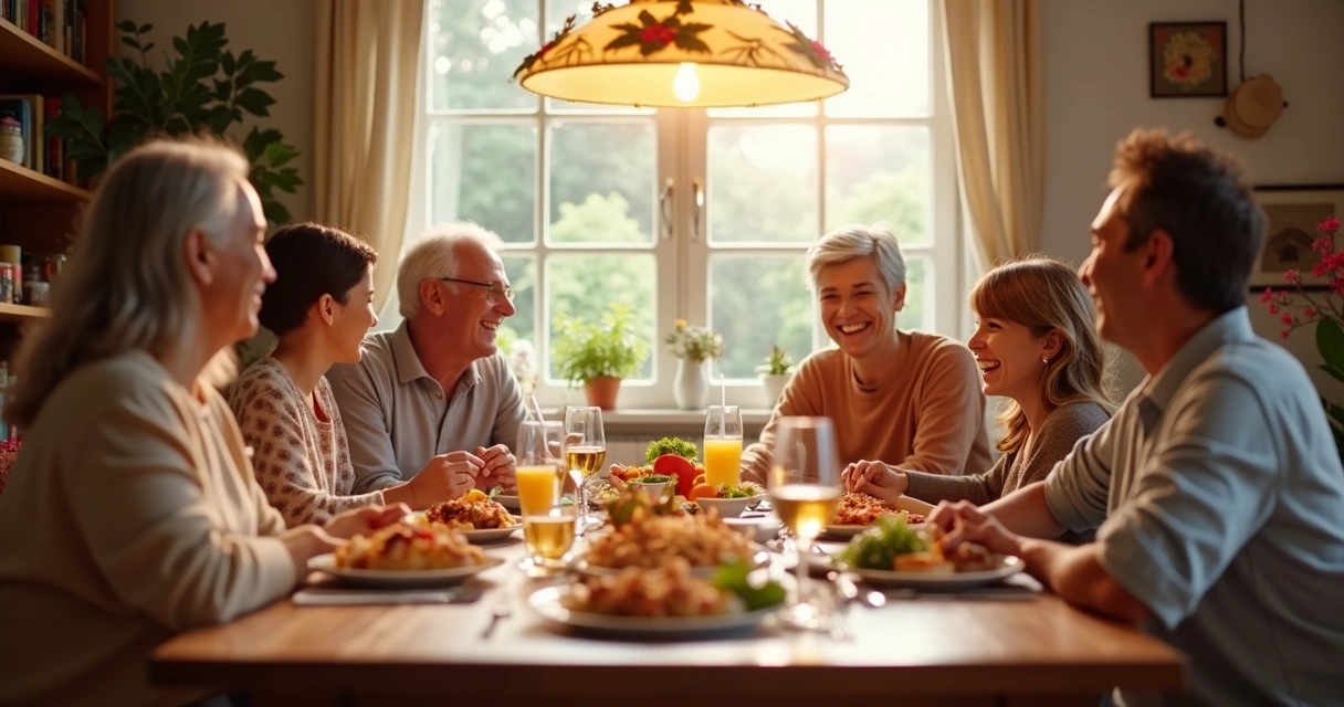 Família sentada à mesa sorrindo e conversando 