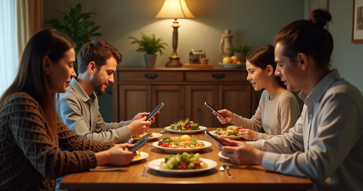 Família conversando sem telas à mesa 