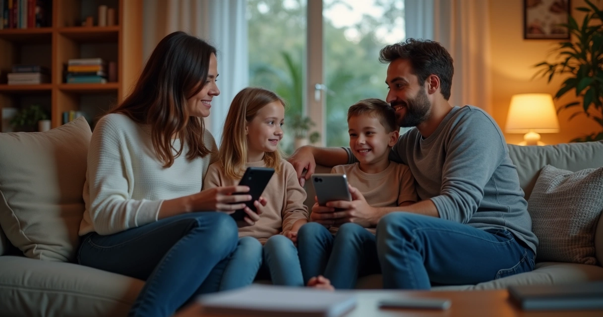 Família conversando sobre uso de telas na sala