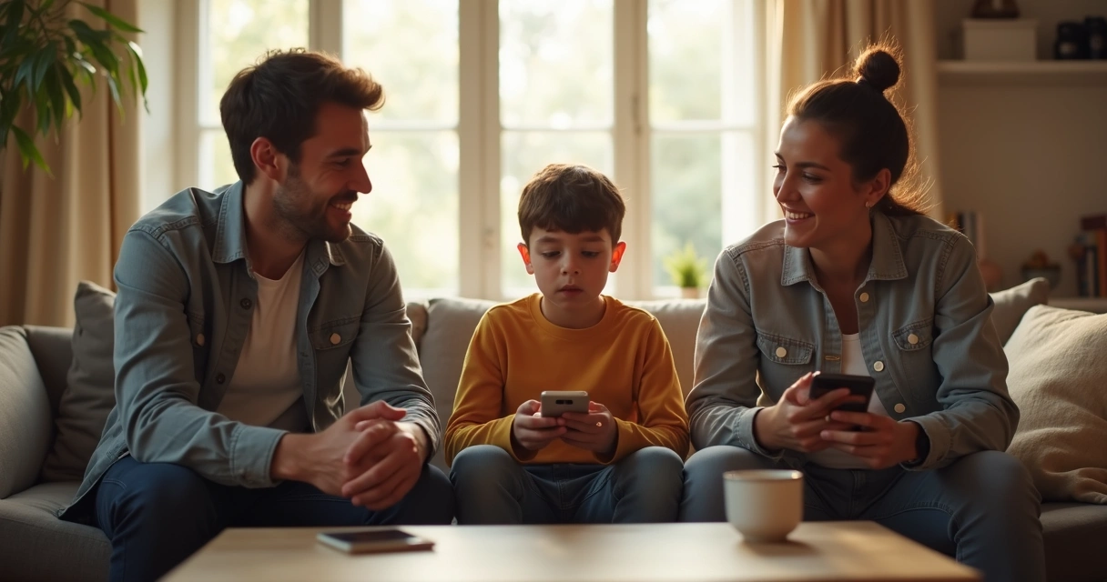 Família conversando sobre uso de telas na sala de casa