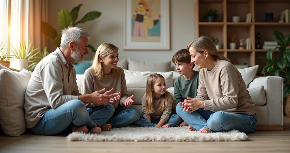 Familia sentada en la sala conversando con atención y calidez 