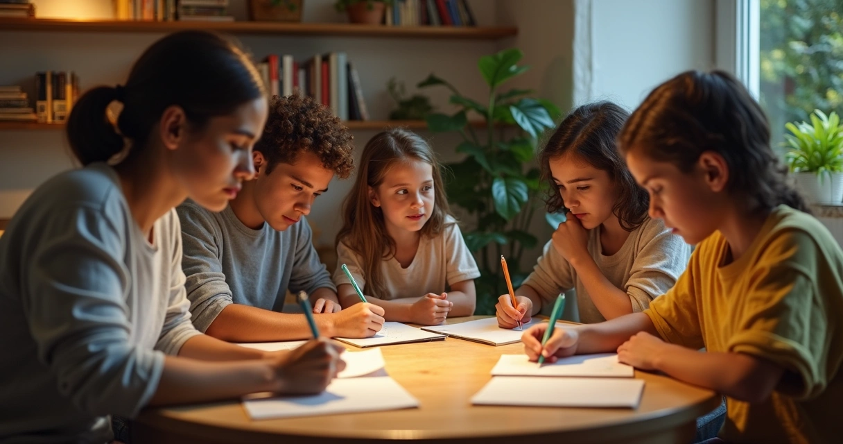 Família reunida usando caderno para registrar emoções