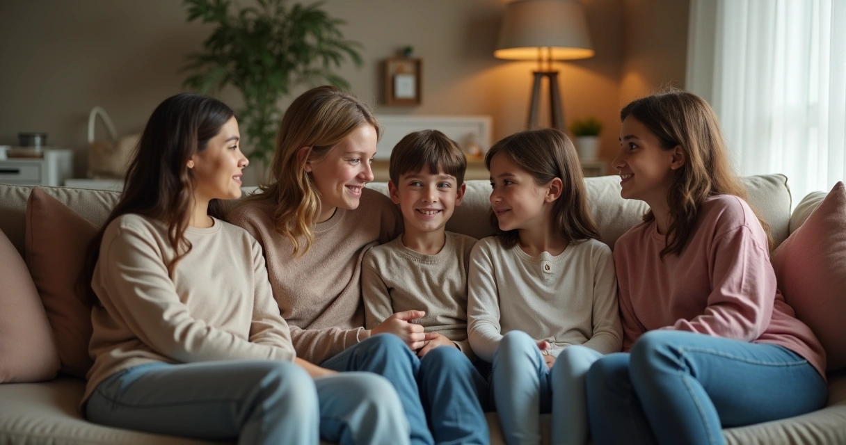Família conversando sentada em sofá, diferentes idades, expressão neutra, ambiente acolhedor 
