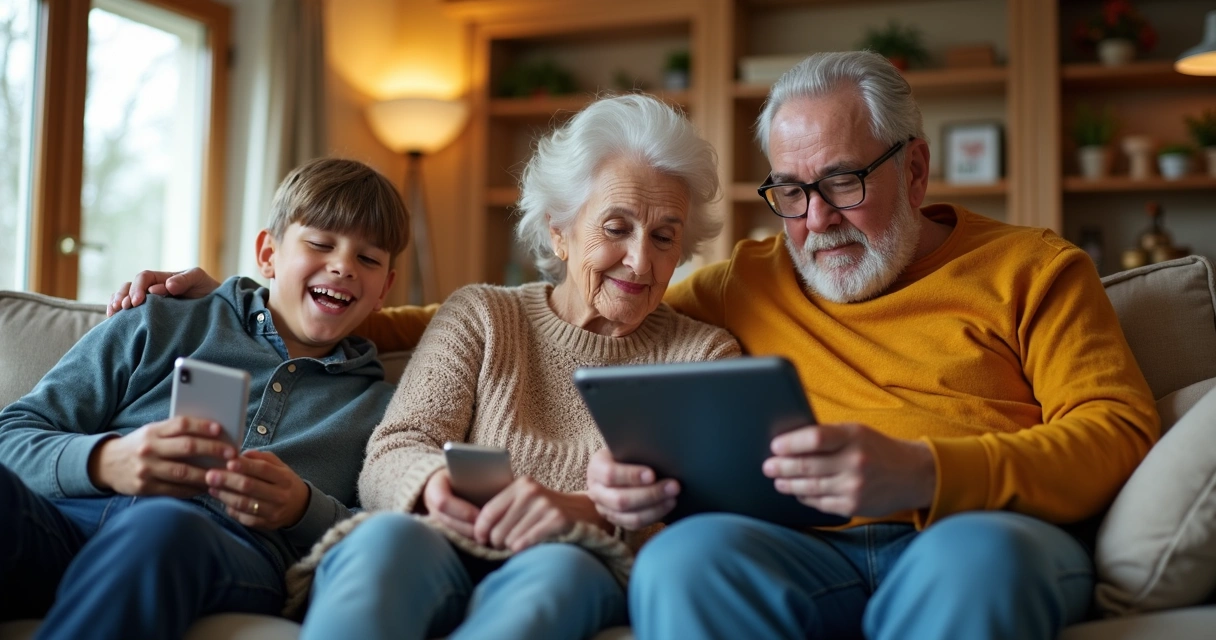 Três gerações de uma família usando smartphones e tablets sentados no sofá