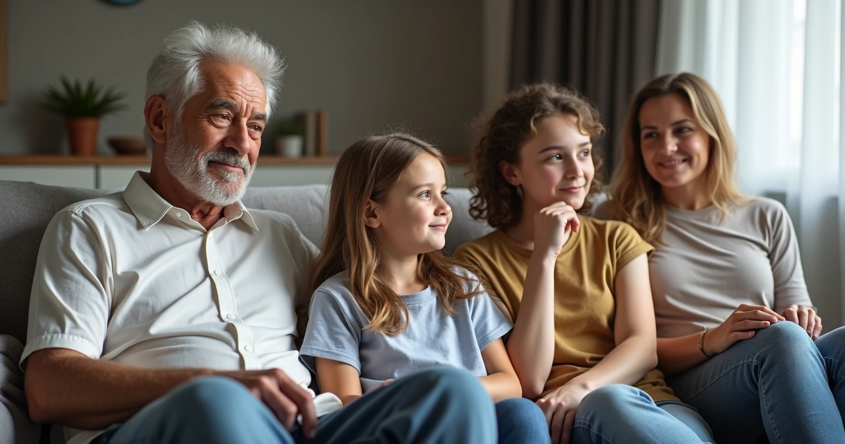 Membros de uma família com expressões diferentes sentados em um sofá