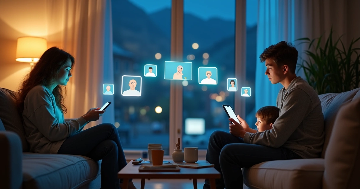 Pais e filho em sofás separados conectados por videochamada em telas flutuantes 