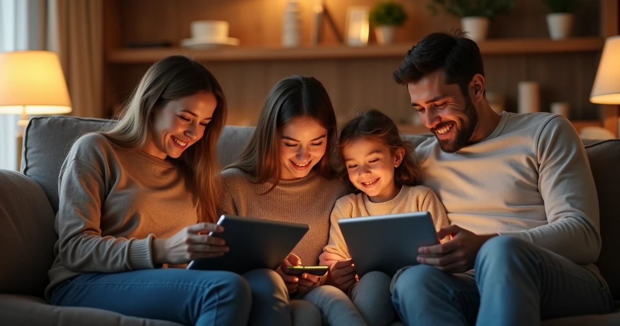 Familia reunida usando tecnología de forma consciente. 