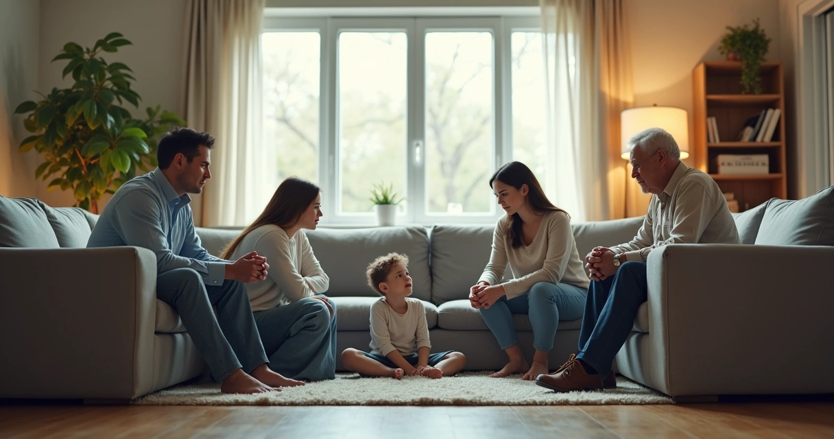 Familia sentada en un sofá mostrando sutiles tensiones de poder 