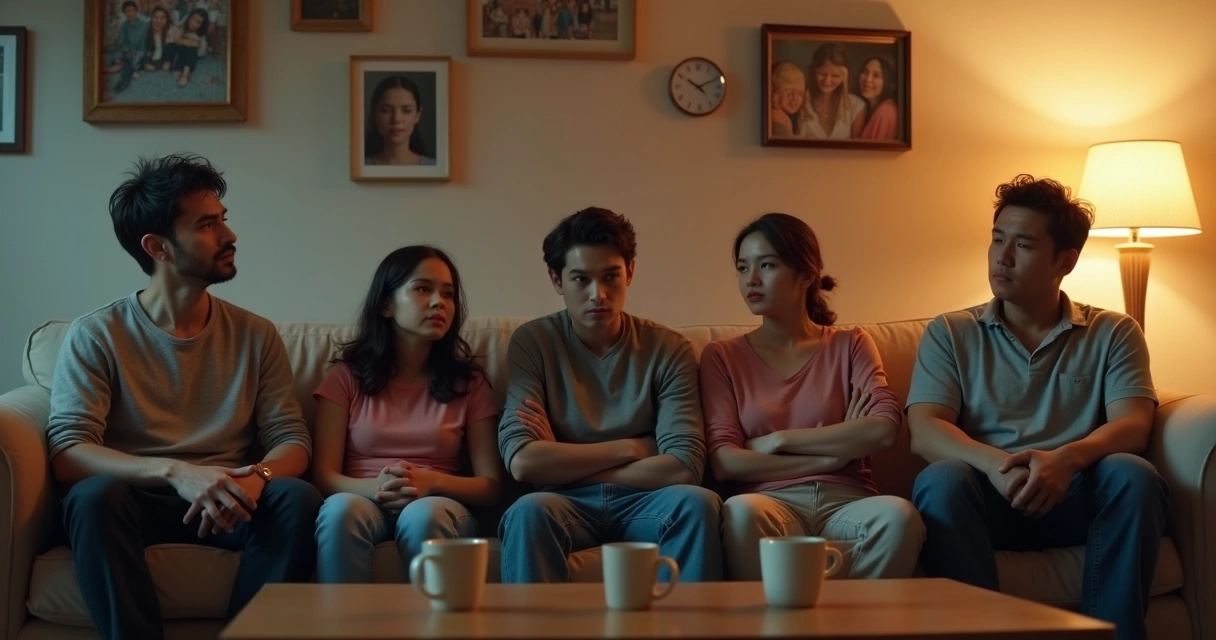 Familia sentada en una sala con gestos tensos y distantes, mostrando una atmósfera de incomodidad