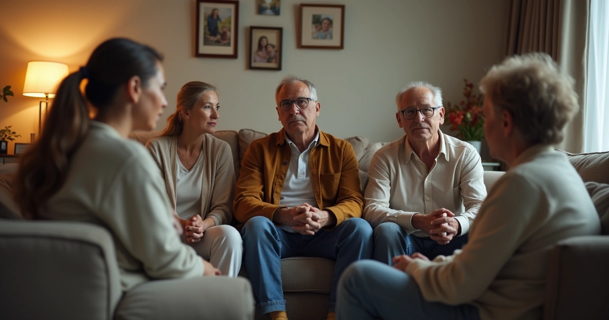 Três gerações de uma família sentadas em círculo conversando 