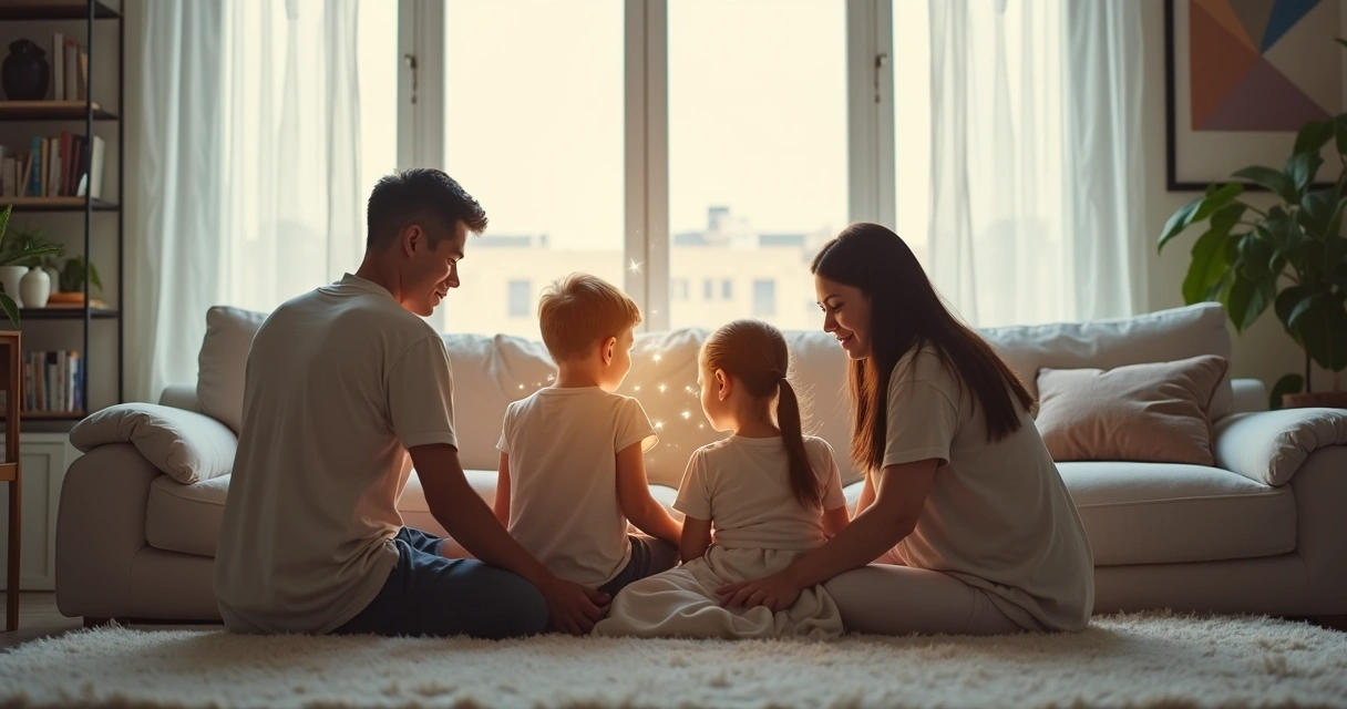 Familia sentada en la sala con reflejos fragmentados que simbolizan dinámicas internas 