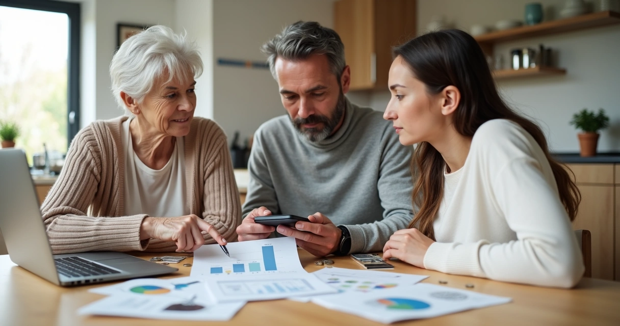 Família sentada à mesa da cozinha organizando orçamento com dinheiro e laptop 