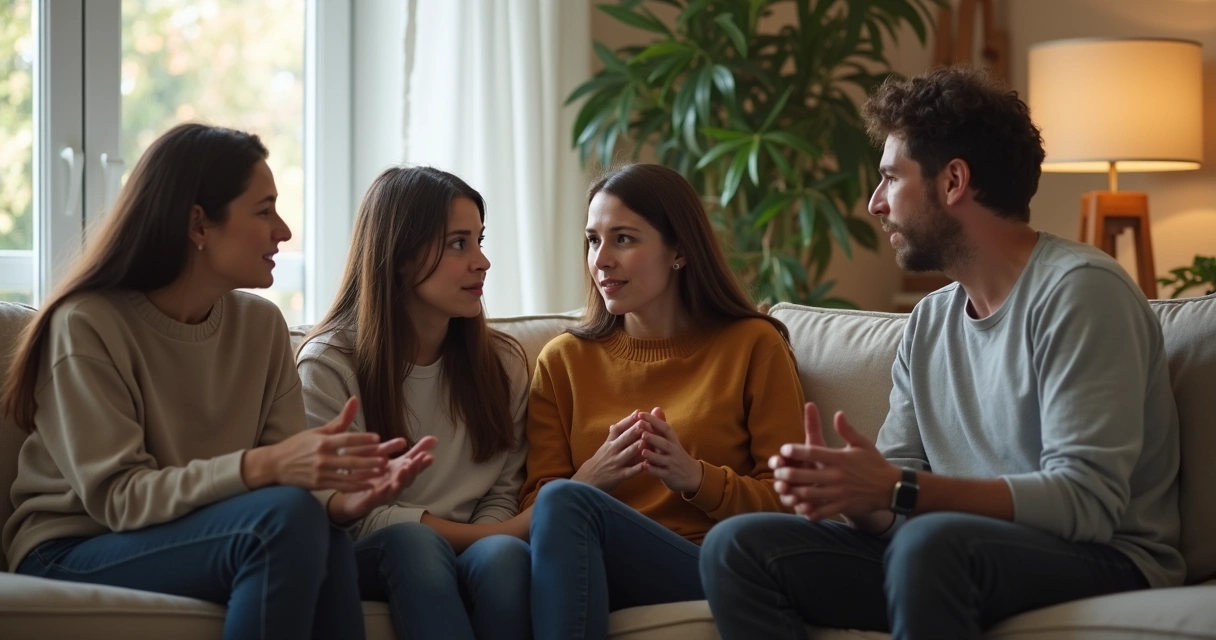 Família sentada em uma sala, adultos conversando com expressões sérias