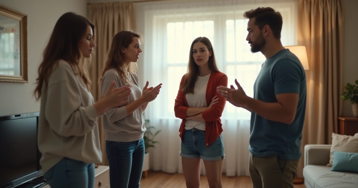 Pais discutindo com filhos adolescentes em sala de estar 