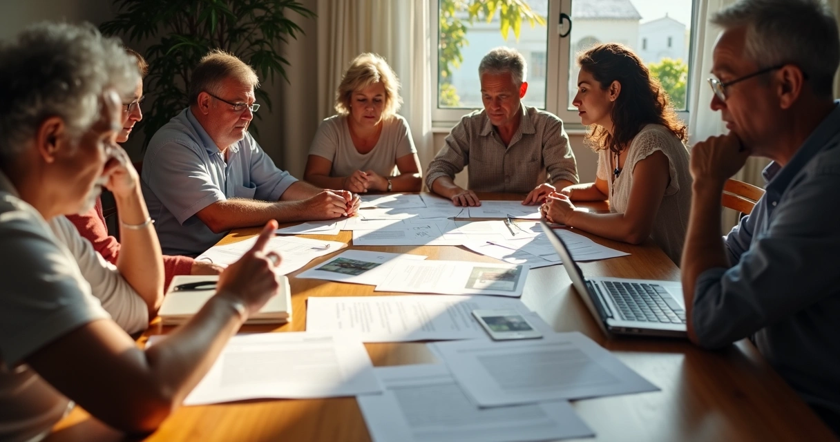Família sentada à mesa conversando sobre divisão de bens 