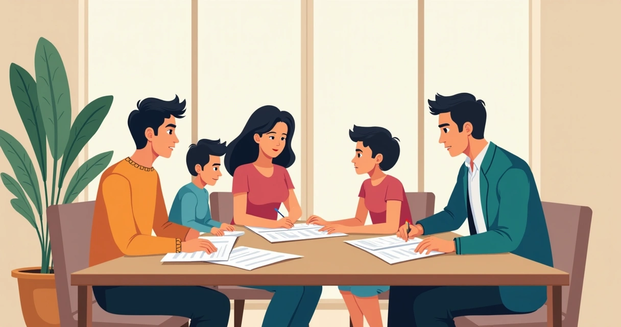 Família sentada à mesa discutindo planejamento do seguro de vida com consultor. 