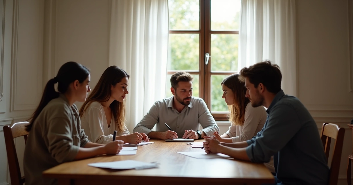 Familia sentada alrededor de una mesa, con expresión seria, discutiendo con calma 