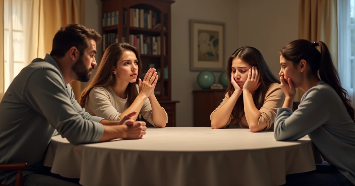 Quatro pessoas, familiares, sentadas em mesa redonda, debatendo com semblantes tensos, luz suave em ambiente interno