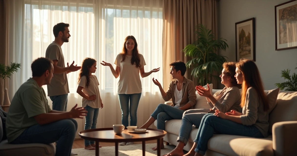 Família reunida na sala discutindo acaloradamente 