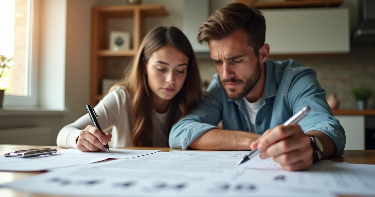 Casal analisando contrato de imóvel na mesa 