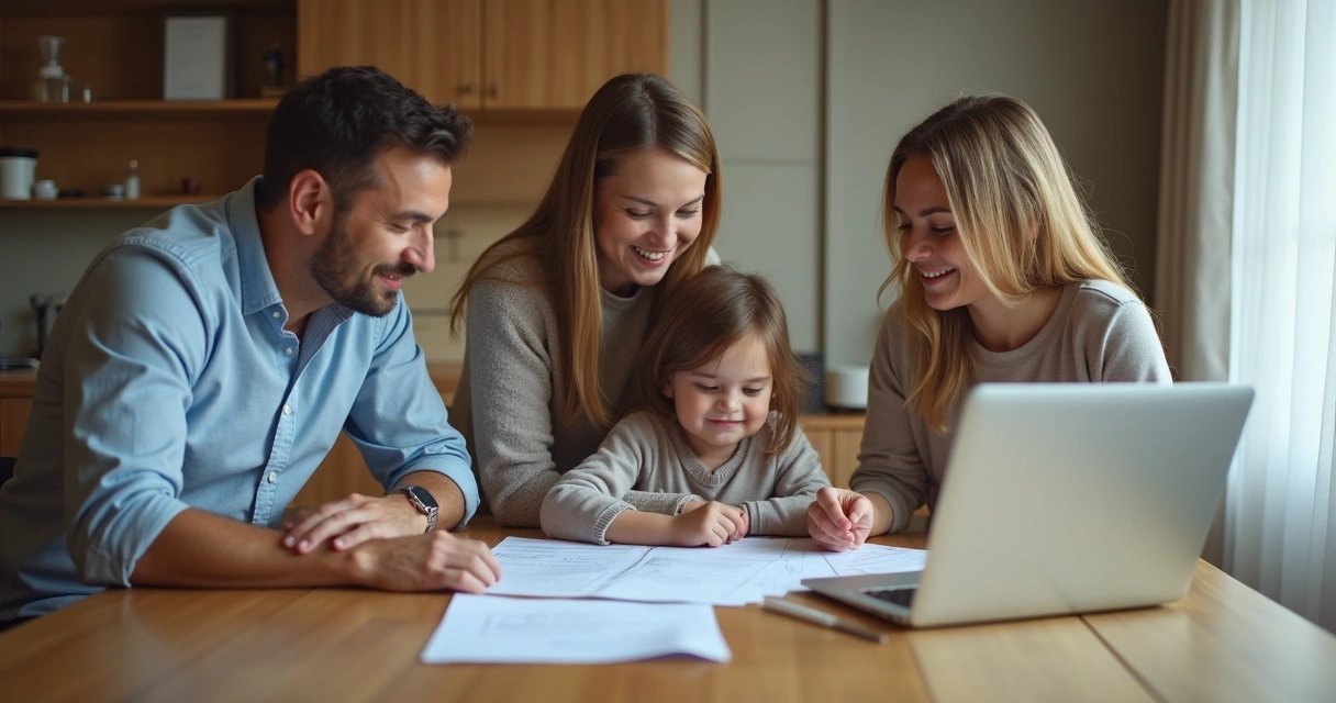 Família de três pessoas reunida em casa analisando apólice de seguro neurológico com expressão tranquila 