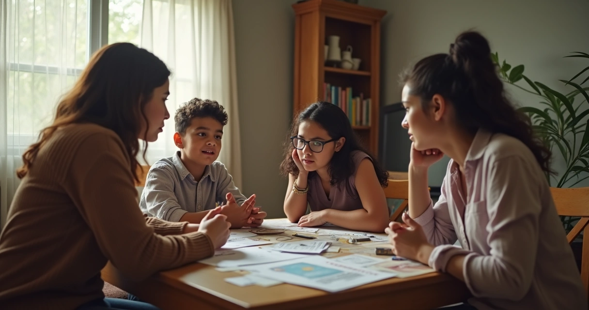Família reunida conversando sobre escolhas de carreira em volta de uma mesa 