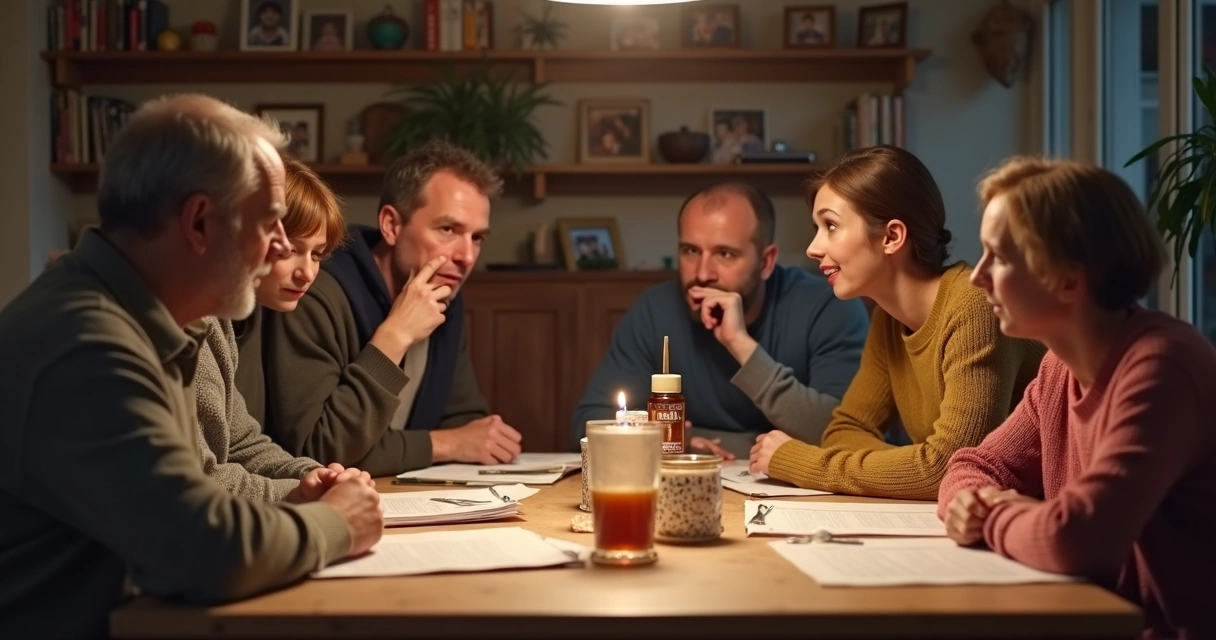 Família sentada à mesa discutindo, papéis na mesa, ambiente aconchegante, expressão séria 