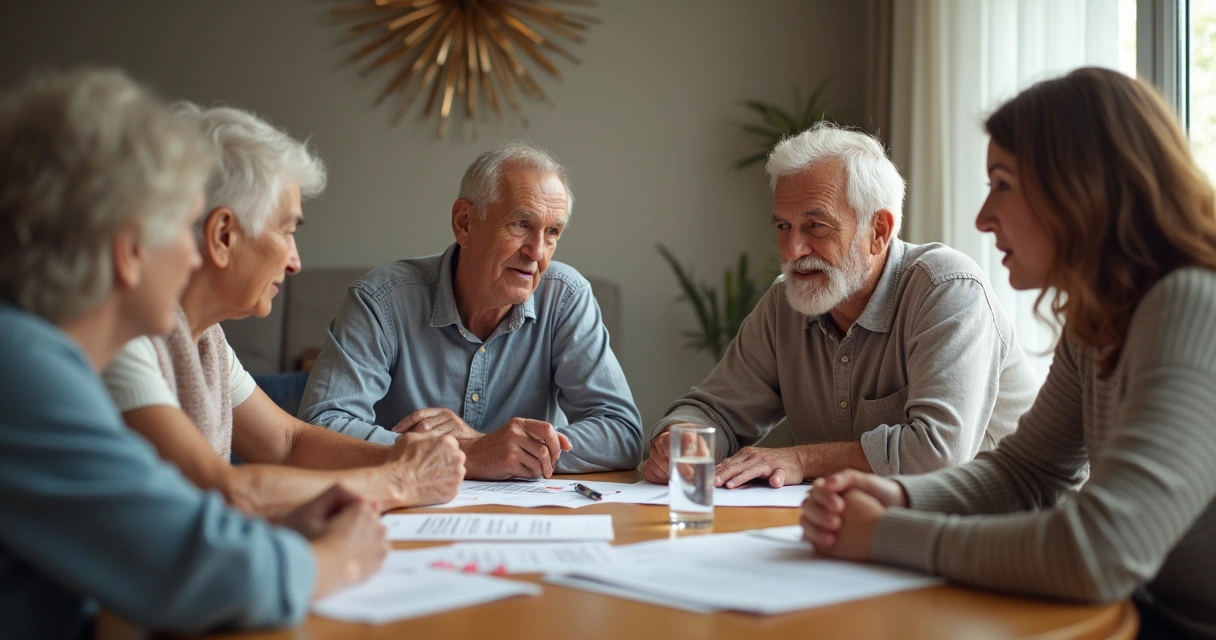 Grupo familiar reunido em círculo, discutindo em torno de uma mesa com papéis e canetas 