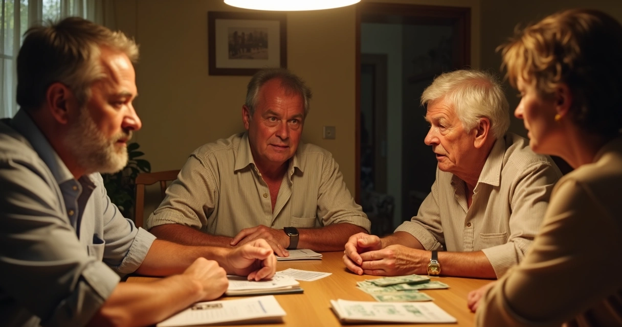 Parentes sentados ao redor de uma mesa de jantar discutindo dinheiro, expressões de preocupação.