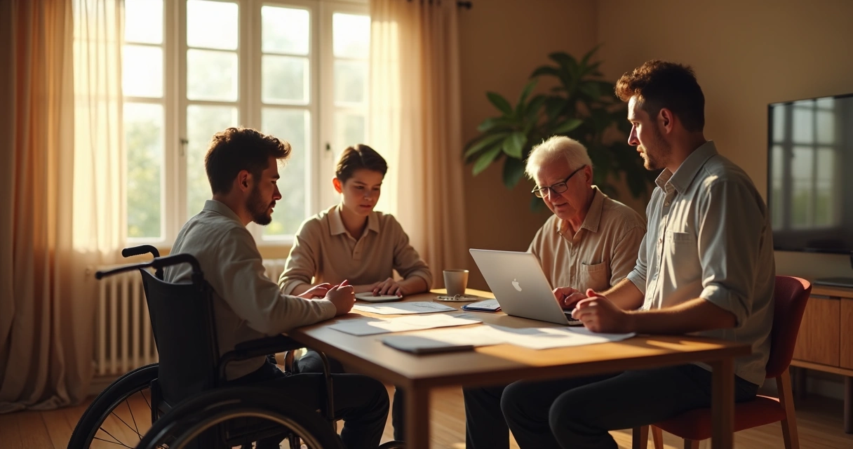 Família reunida conversando em uma sala, papéis e notebook à mesa. 