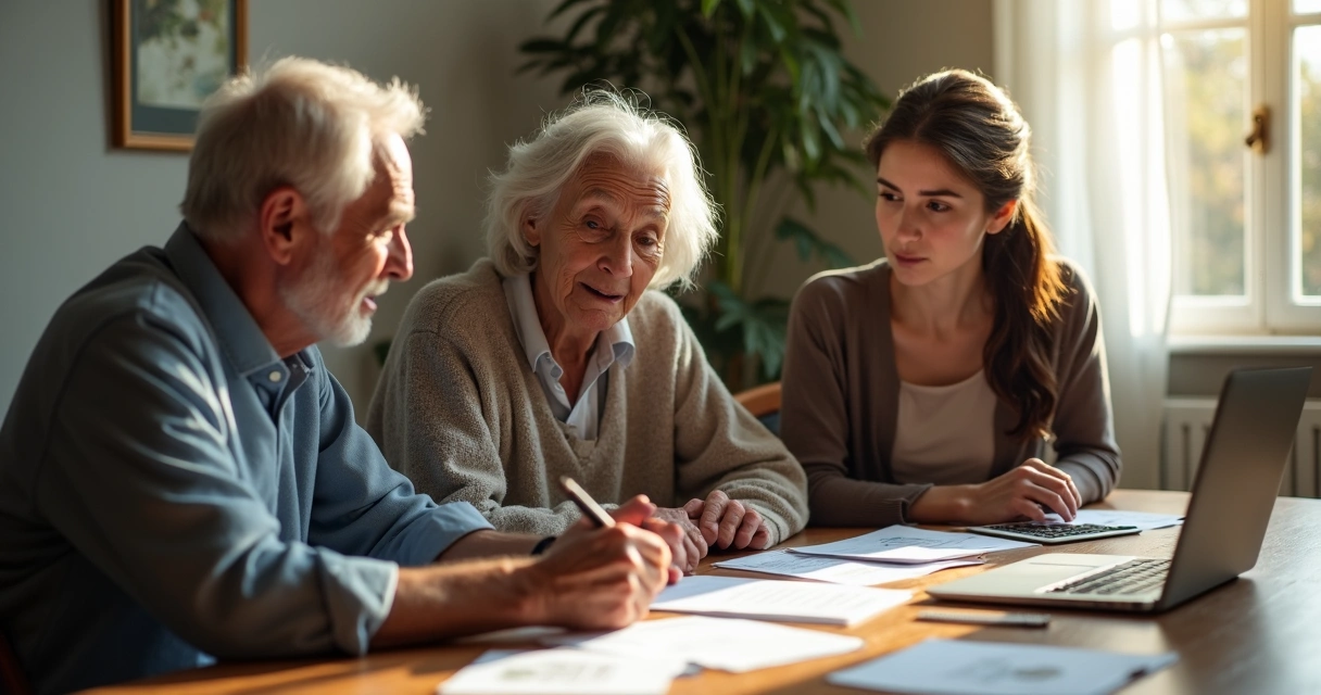 Família sentada à mesa analisando documentos de saúde. 