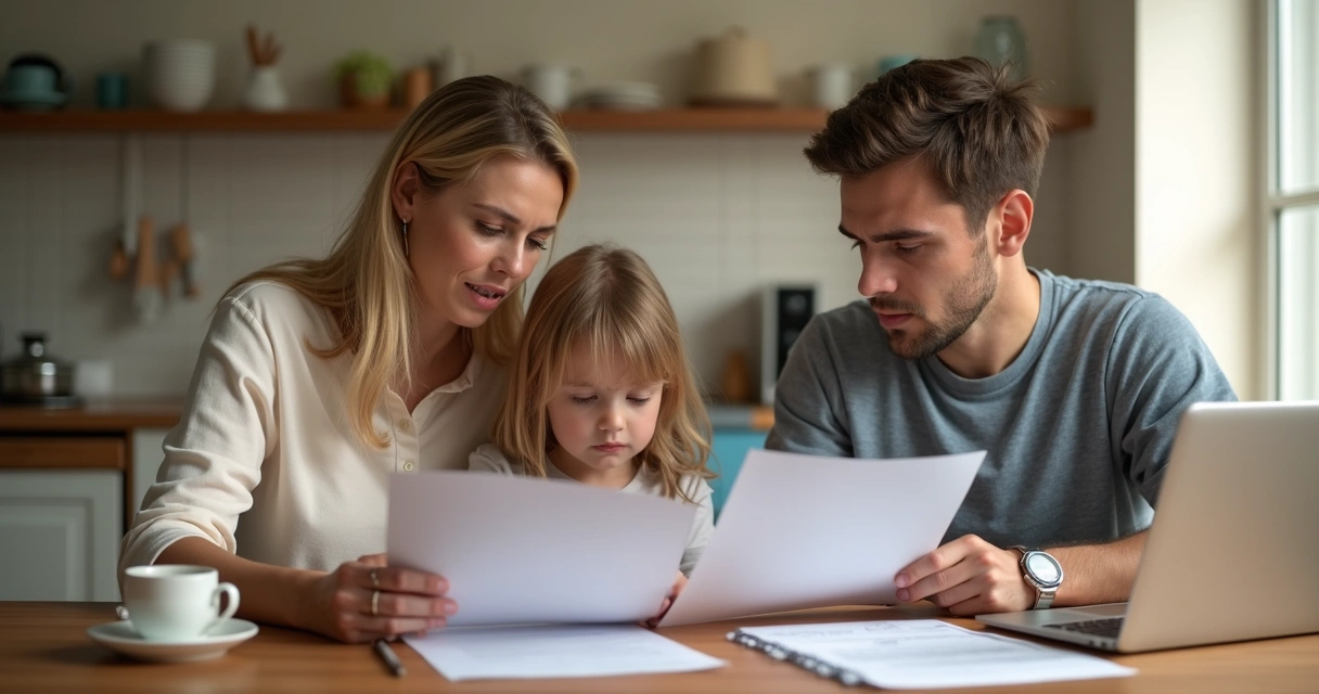Família de três pessoas revisando documentos na mesa da cozinha 