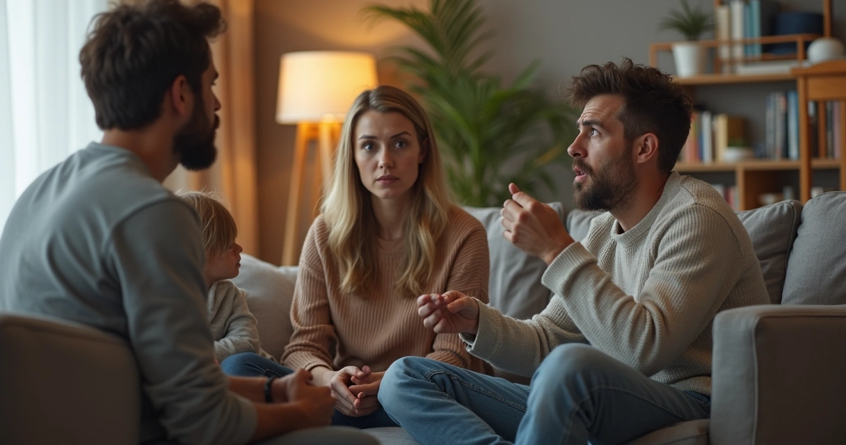 Família discutindo em casa, criança triste observando